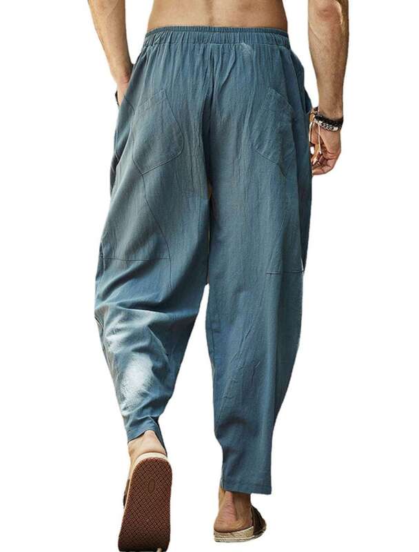 Pantalones Cargo anchos de lino para hombre, ropa de calle deportiva informal para trotar, ropa de chándal