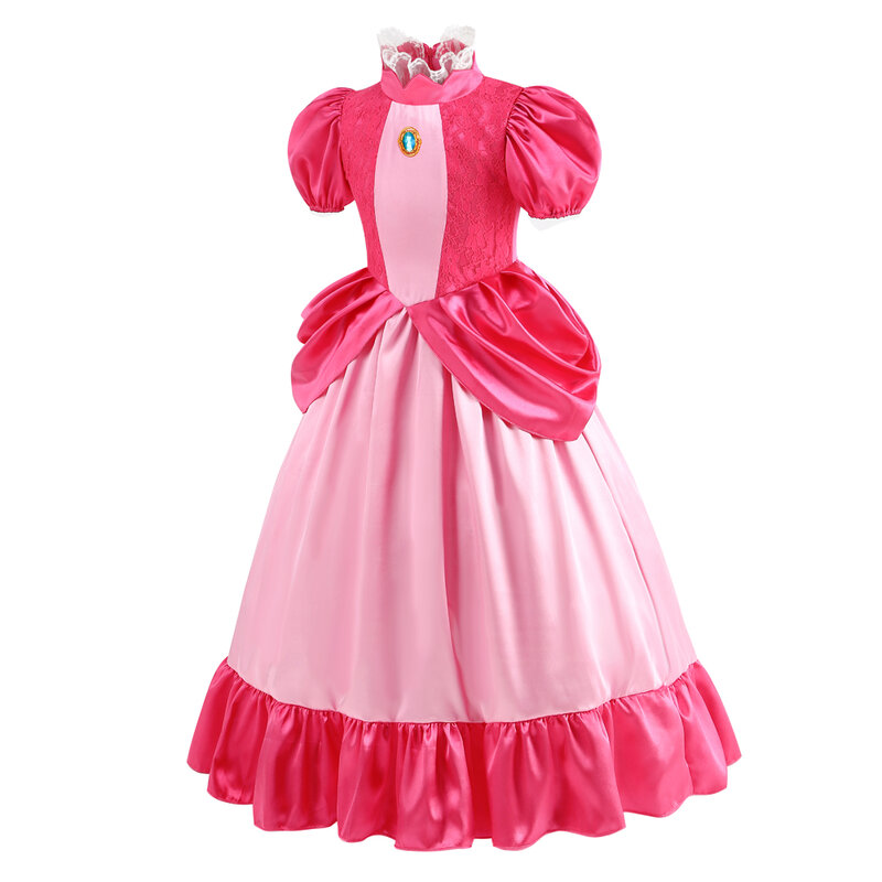 Vestido de princesa de melocotón rosa para niñas, traje de Halloween, malla de tul Puff, traje de Cosplay para niños, traje de fiesta de encaje, nuevo