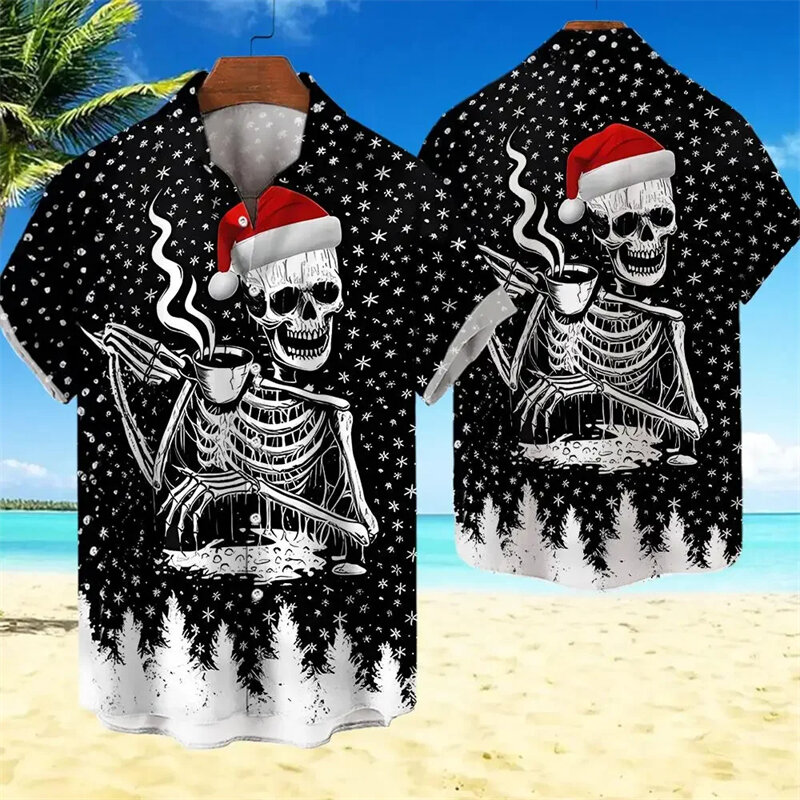 Skull Christmas 3d Caual camicia hawaiana Festival Party Skull camicie da uomo estate moda manica corta bavero divertente maschio top 4XL