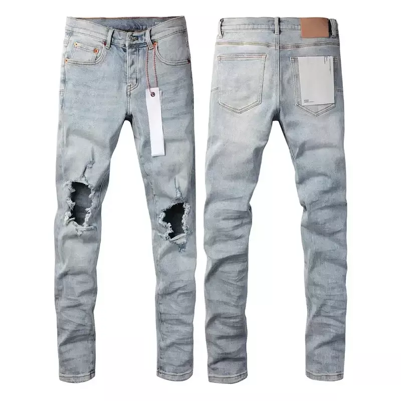 Top quality 2024ss New Purple ROCA brand jeans Fashion light blue knee holes, slim fit, fashion repair 28-40 size pants