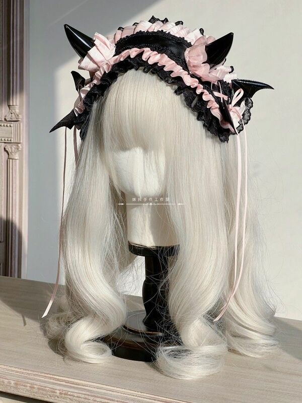 Diadema de alas de diablo de Lolita gótica oscura, decoración de cabello de niña de encaje multicapa, cuernos de Diablo, Halloween