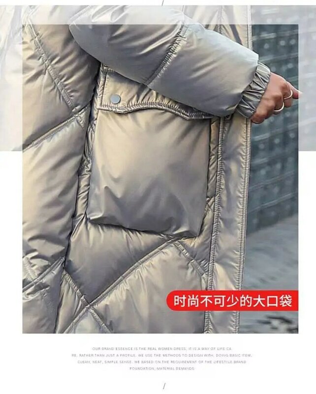 2023 nowych kobiet błyszcząca kurtka podszyta bawełną średniej długości ubrania wyściełane bawełną termiczna moda Plus rozmiar bawełniana kurtka