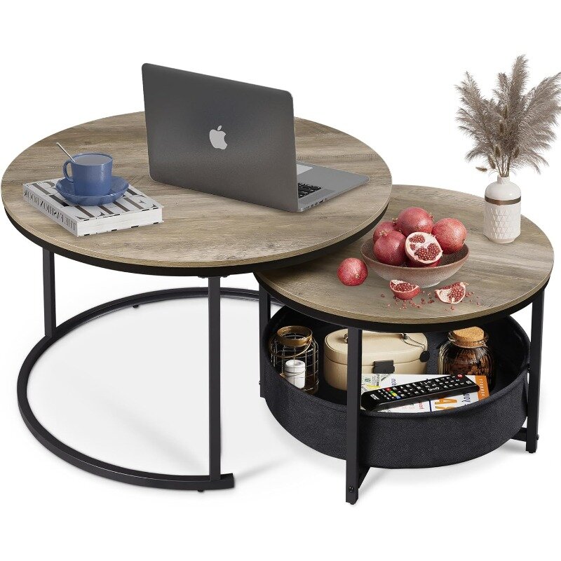 โต๊ะกาแฟโต๊ะ2,32in ทรงกลมสำหรับห้องนั่งเล่นโต๊ะวงกลมขนาดเล็กพร้อมที่เก็บของในพื้นที่ขนาดเล็กกรอบโลหะ