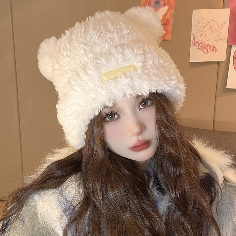 귀여운 만화 곰 귀마개 모자, 귀 보호 모자, 단색 플러시 비니, 소녀 겨울 따뜻한 푹신한 모피 헤드기어 모자