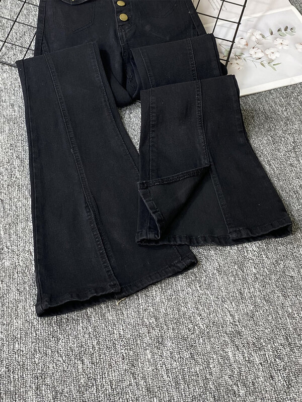 Pantalones vaqueros acampanados góticos negros para mujer, ropa de calle Y2k, pantalones de mezclilla de cintura alta, pantalones de vaquero de pierna ancha Harajuku Vintage con abertura
