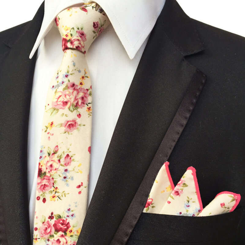 Classico Versatile 6cm fiore di cotone sottile cravatta e fazzoletto Set per la festa di nozze regalo ufficio Business Casual Paisley cravatta