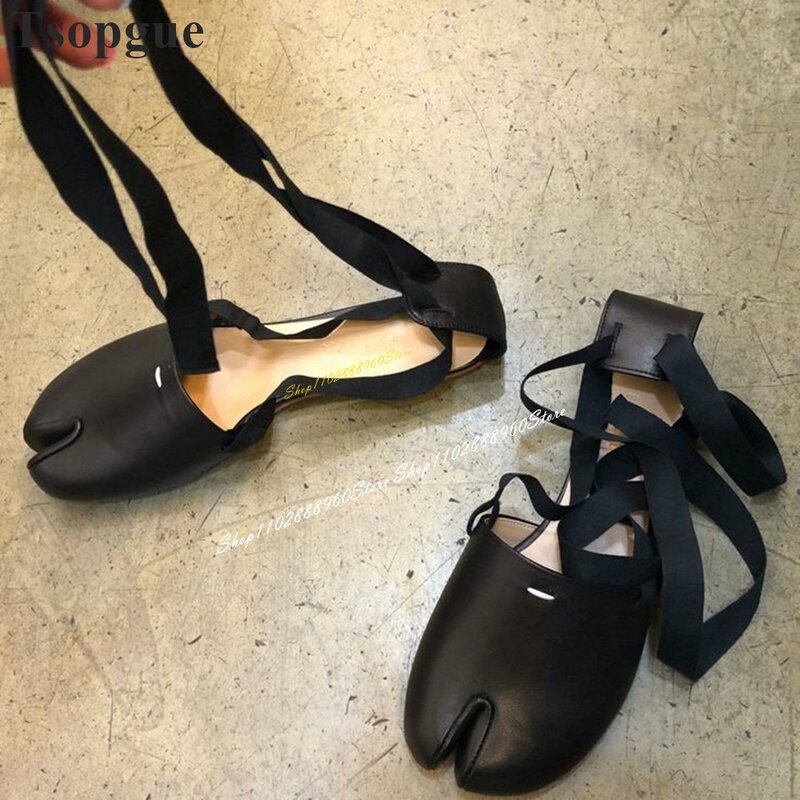 Sandálias femininas de mesa de couro fosco, sapato raso com renda, elegante e moderno, preto, 2024