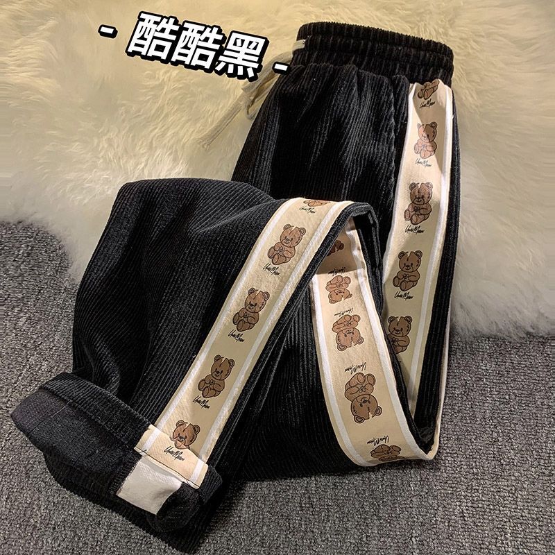 Pantalones de pana de pierna ancha para mujer, calzas cálidas de moda Coreana de oso Kawaii, informales, Harajuku, Lolita, Otoño, 2022