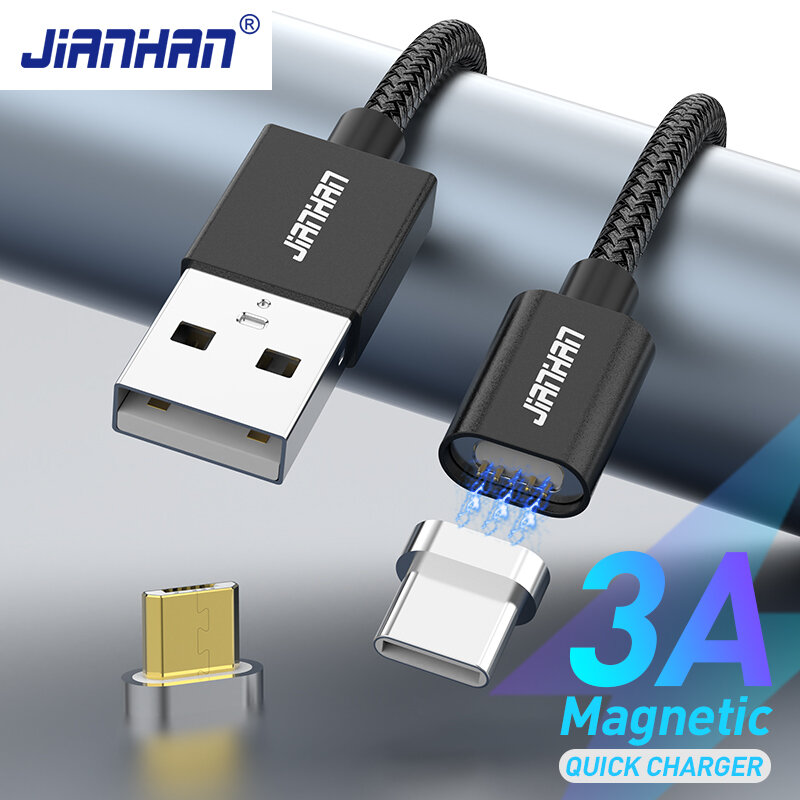 JianHan-Câble Micro USB/Type-C magnétique 3A pour recharge rapide, cordon de chargeur USB-C étonnante té pour téléphone Xiaomi, LG et Samsung
