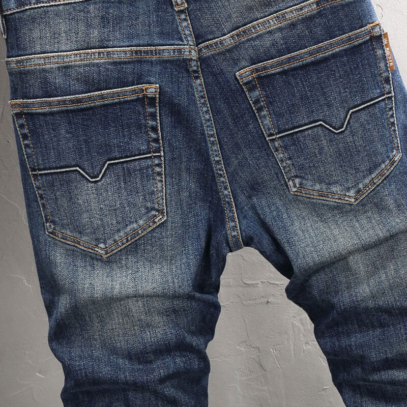 Modne męskie jeansy w stylu Vintage wysokiej jakości Retro sprany niebieski elastyczne rozciągliwe dopasowanie dopasowane porwane jeansy męskich spodnie dżinsowe casualowych