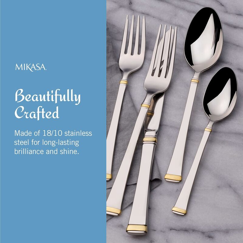 Mikasa Harmony 65-Piece Stainless Steel Flatware Set with Serveware, Service for 12, Gold-Accent