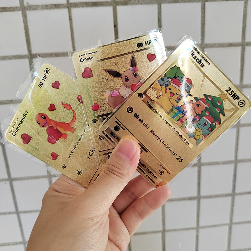 Pikachu kartu Pokemon logam, hadiah mainan anak-anak, kartu Pokemon logam, huruf emas Iron Eevee Kawaii Charizard GX Vmax