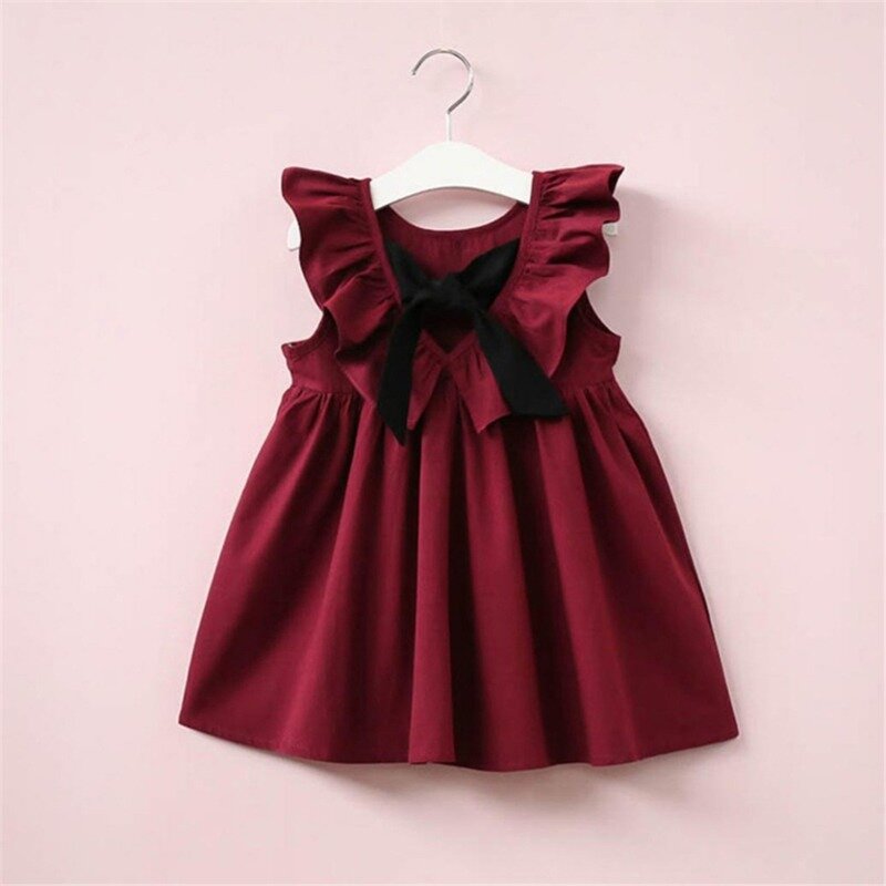 女の子のためのノースリーブのサマードレス,赤ちゃんのための背中の開いた弓が付いた背中の開いた服,韓国の綿のドレス