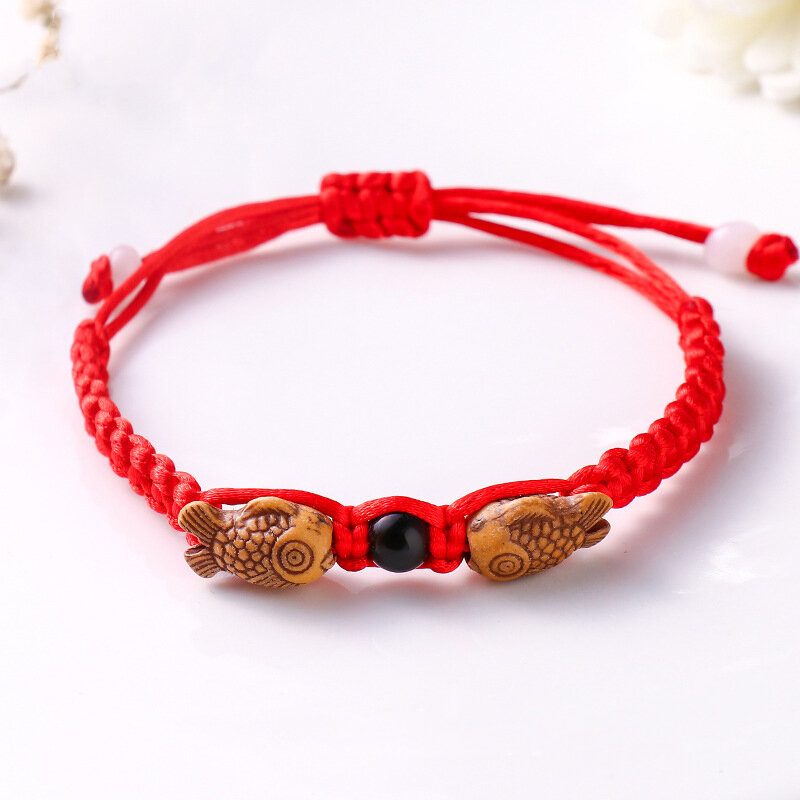 Tecido à mão corda vermelha pulseira masculino e feminino transbordo peixes flat knot pulseira jóias