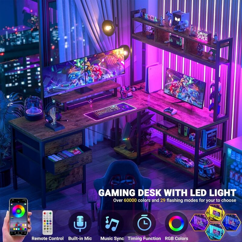 โต๊ะเล่นเกมพร้อมไฟ LED โต๊ะคอมพิวเตอร์พับได้พร้อมเต้าเสียบสายไฟโต๊ะเข้ามุม