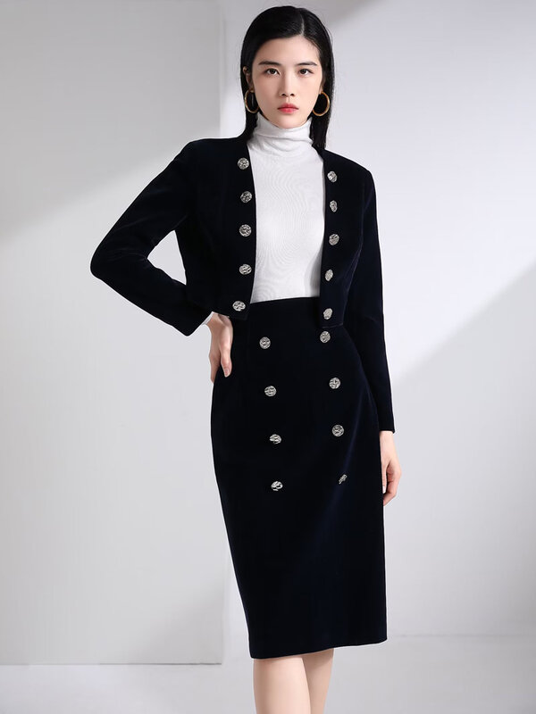 Nowy jesienny damski 2-częściowy zestaw wysokiej jakości czarne szykowne płaszcz z wybiegów mody topy na co dzień pół spódniczka elegancka elegancka aksamitny garnitur imprezowa w stylu Vintage