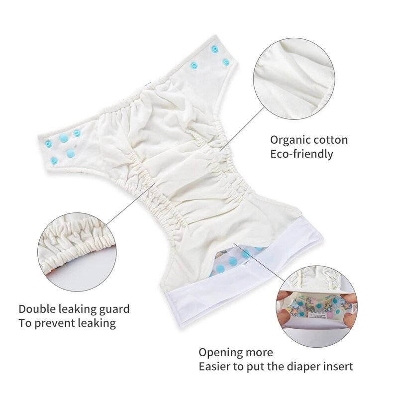 Mod yFlute-Couche-culotte écologique en coton biologique pour bébé, double protection contre les fuites, 3-15kg