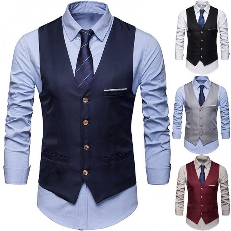 Formal Men Suit Vest Solid Color Single Breasted Business Waistcoat