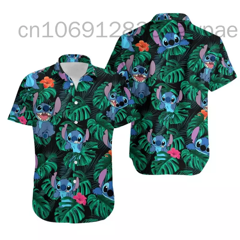 Disney-camisa hawaiana de manga corta para hombre y mujer, camisa de playa de dibujos animados de Disney, camisa hawaiana informal con botones, Stitch y Lilo