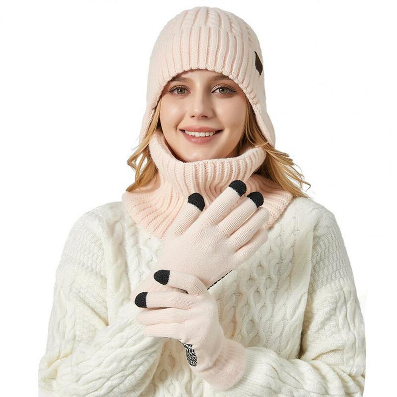 Conjunto de chapéu e cachecol de malha para homens e mulheres, forro polar, acessórios unissex, tela sensível ao toque, 3PCs, inverno