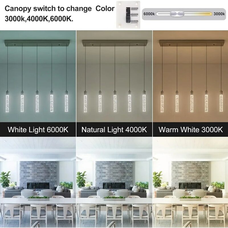 Iluminación colgante para isla de cocina, interruptor de dosel a colores regulables, 3000-4000-6000K, fixturs