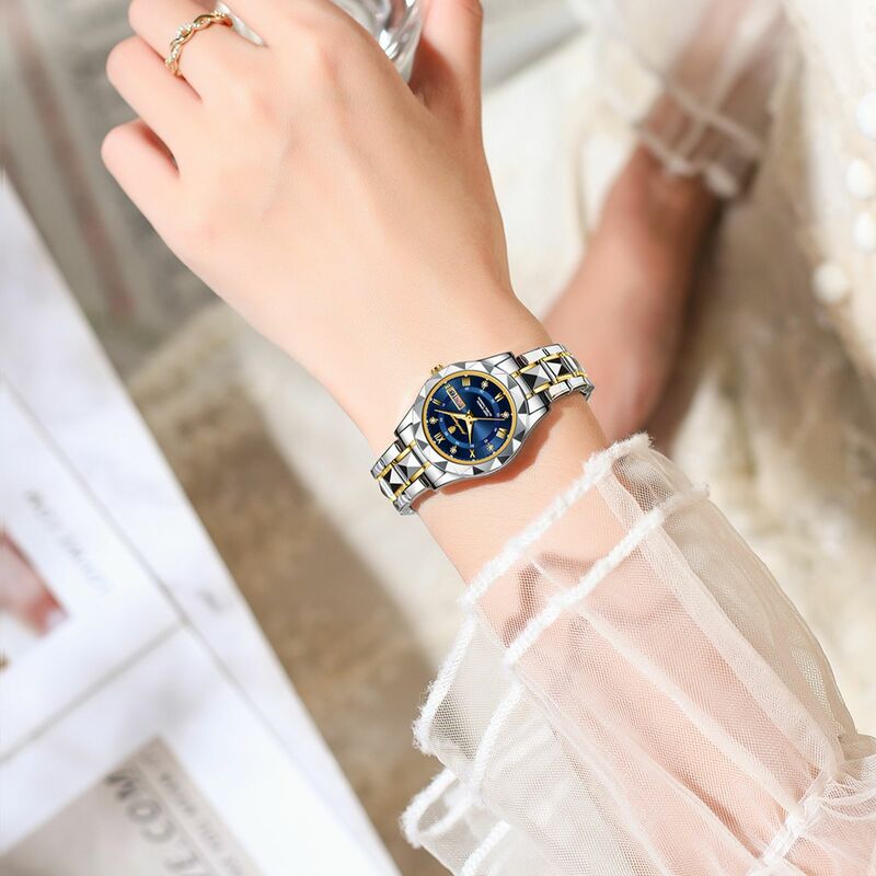 POEDAGAR-reloj luminoso de lujo para mujer, pulsera de acero inoxidable, resistente al agua, con fecha semanal, de cuarzo + caja