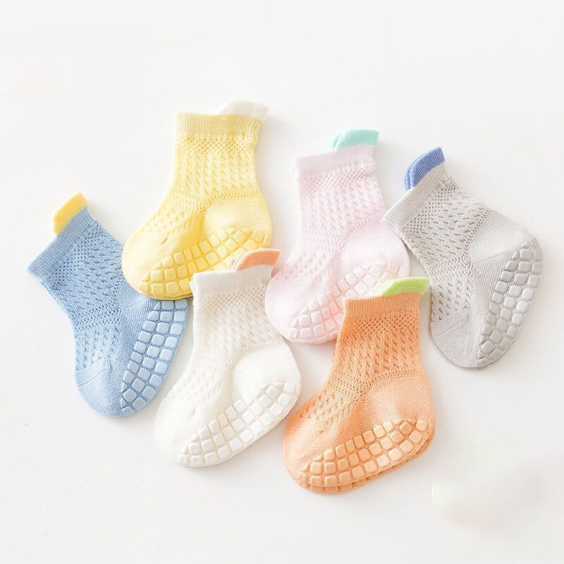 Calcetines de malla fina para bebé, medias de algodón puro transpirable, antideslizantes, de tubo medio, para caminar, para verano, lote de 3 pares
