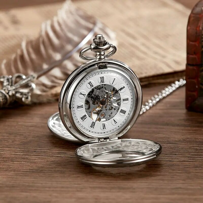 Relojes de bolsillo y Fob de plata Retro para hombres y mujeres, relojes de bolsillo mecánicos de doble cazador completo, reloj de bolsillo grabado, cadena de enfermera, horloge