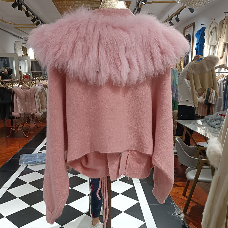 Women Autumn Knitted Cardigan With Fox Fur Collar Chic Fashion Female Loose Knitted Coats With Genuine Fox Fur Casual Outwear
