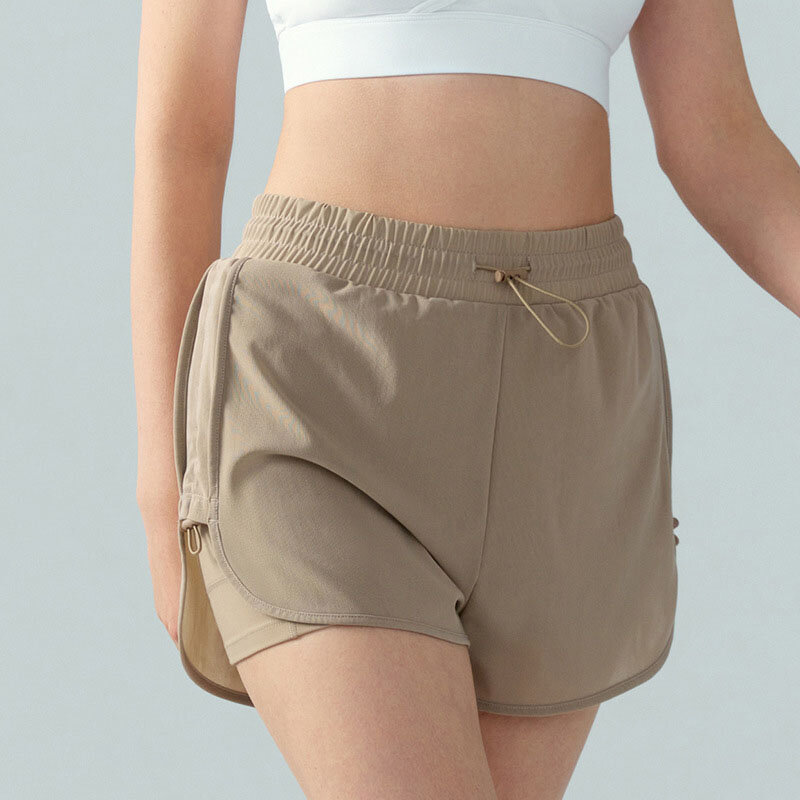 Pantalones cortos deportivos de dos piezas para mujer, shorts falsos de malla de color sólido, transpirables, para correr, fitness y yoga