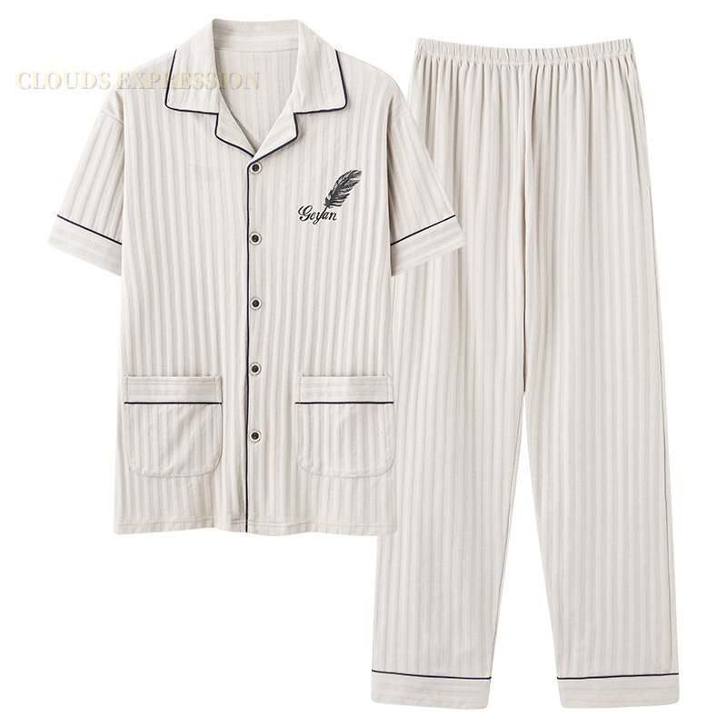 L-5XL Mùa Hè Thanh Lịch Pyjamas Knited Cotton Nam Bộ Đồ Ngủ Bộ Quần Dài Đồ Ngủ Pyjamas Đêm Pijamas Plus Kích Thước Homewear PJ
