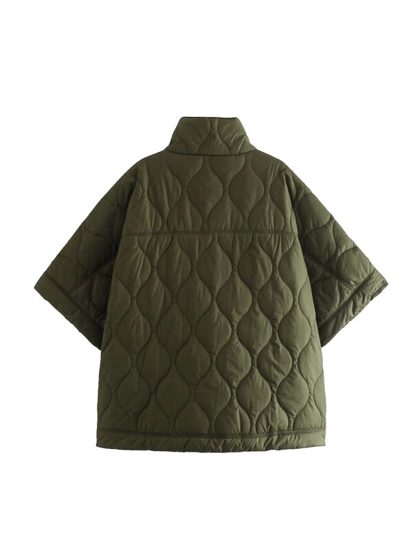 플러스 사이즈 여성 반팔 스탠드 칼라 재킷, 마름모 격자 무늬 퀼트 코튼 코트, 라미네이팅 페이스, 따뜻한 망토