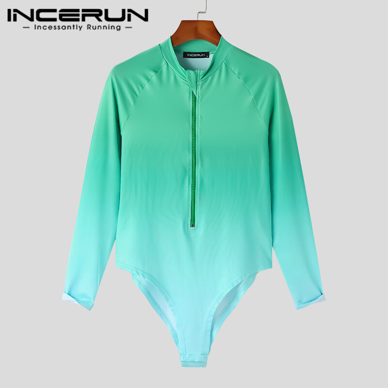 Inerun-男性用長袖ジャンプスーツ,グラデーションカラー,美しいデザイン,フロントジッパー,セクシーファッション,ホームウェア,S-5XL, 2023