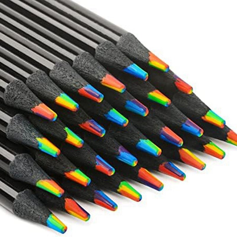 Wooden Rainbow Colored Pencils, 7 Color In 1 Rainbow Pencils, For Drawing Coloring Sketching, Multicolored Core, (12)