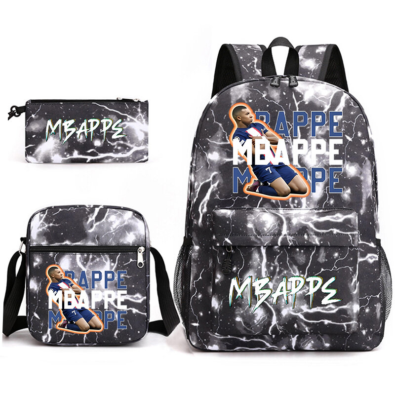 Mbappe Avatar Impresso School Bag Set, Mochila Infantil, Saco de Lápis, Bolsa de Ombro, Conjunto de 3 Peças