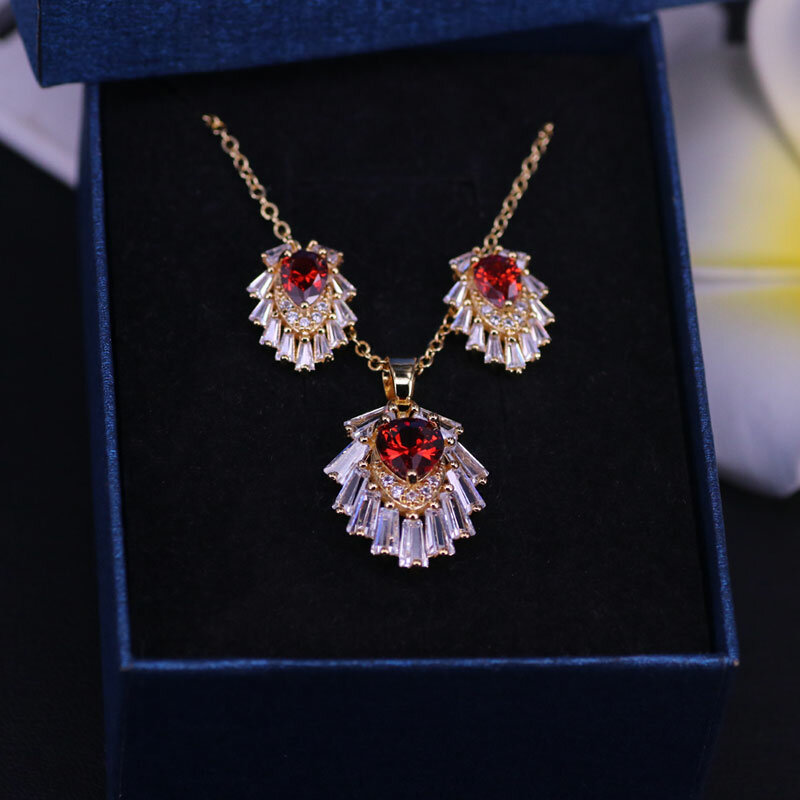 factory directly sales many colors pink zircon gold costume jewelry for women stud earring necklace set in store