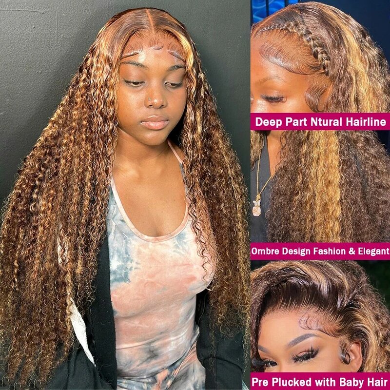 WiggKnitting-Perruque Lace Front Wig Naturelle Bouclée, Cheveux Blonds à Reflets, 13x6, HD, Ombré, Deep Wave