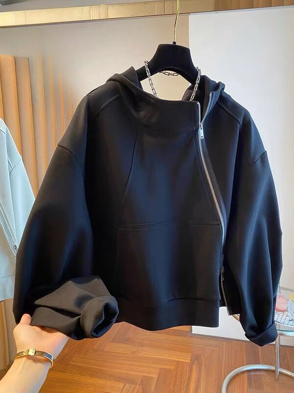 Spring and Autumn Loose Casual Black Slimming Slant Zipper Standing Neck Hoodie for Women