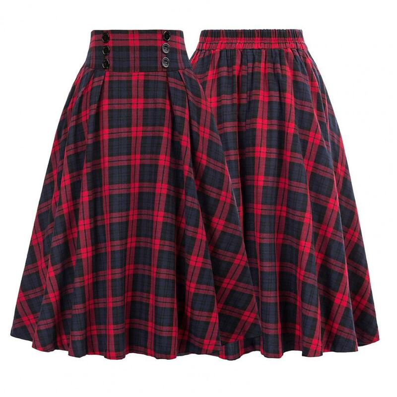 High Waist A-line Skirt Elegant Retro Ruffle Maxi Skirt with Colorblock Plaid Print Soft Pockets for Women High Elastic Waist