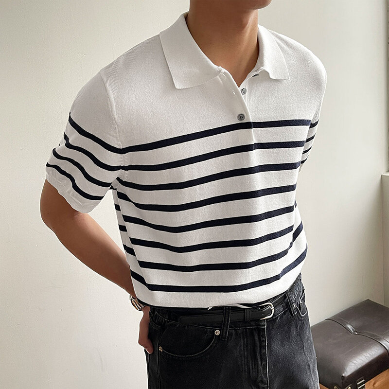 Рубашка-поло мужская Трикотажная, Повседневная футболка на пуговицах, с коротким рукавом, с принтом в полоску, уличная одежда