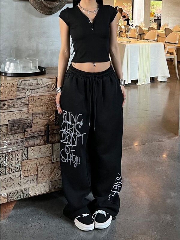 HOUZHOU celana olahraga wanita, ukuran besar hitam Y2k Vintage longgar Mode Korea celana olahraga Streetwear Harajuku celana jogging