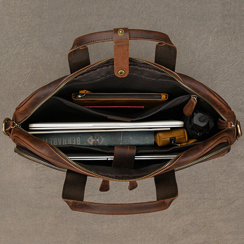 Crazy Horse Genuine Leather Men Briefcase Vintage 16 inch Big Business Laptop Handbag Large Cowhide Messenger Shoulder Bag Man