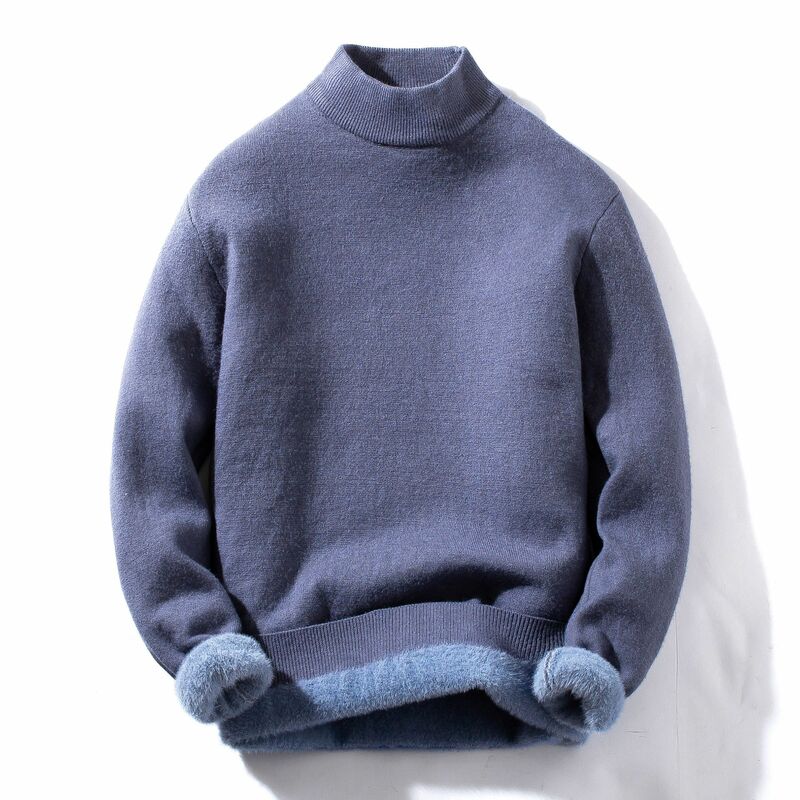 Sweater pria dengan Plush tebal semi-tinggi leher, musim gugur dan musim dingin Slim Fit terintegrasi beludru bawah tren pakaian rajut