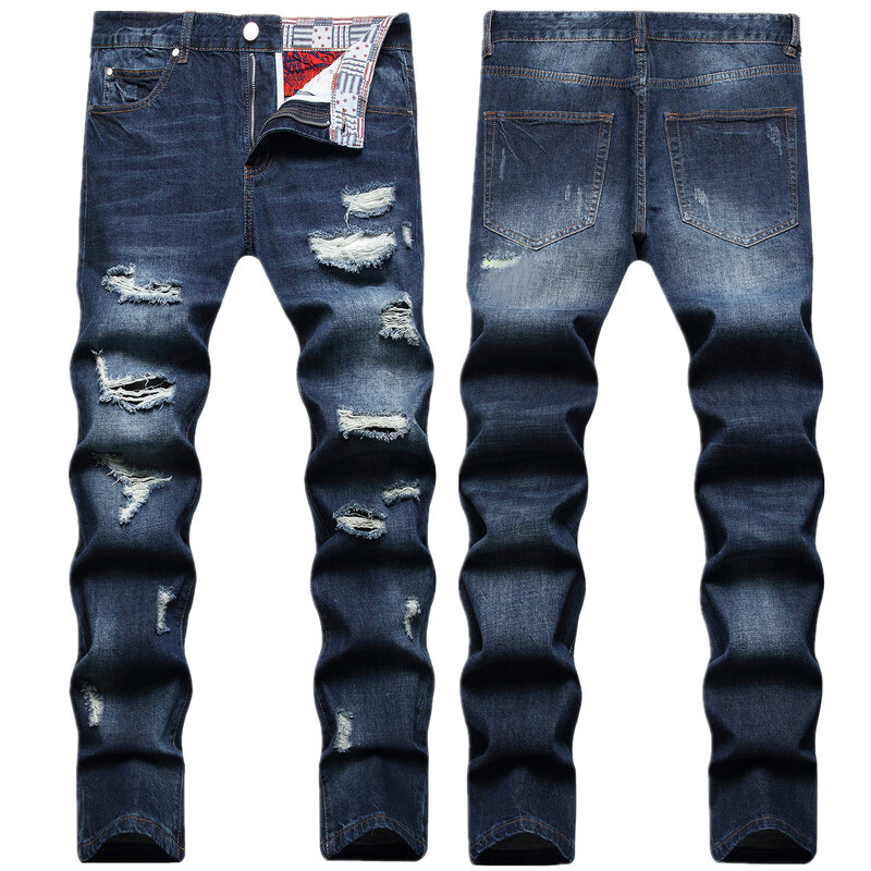 Autumn and winter fashion brand ripped jeans male Korean dark casual beggar pants trend large size slim long pants