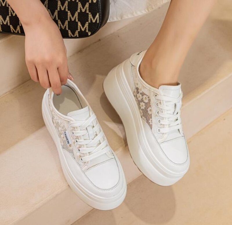Hot sale 8cm Air Mesh Genuine Leather Embroider Women Breathable Hollow Chunky Sneaker Platform Wedge Flats Shoes Summer Sandals