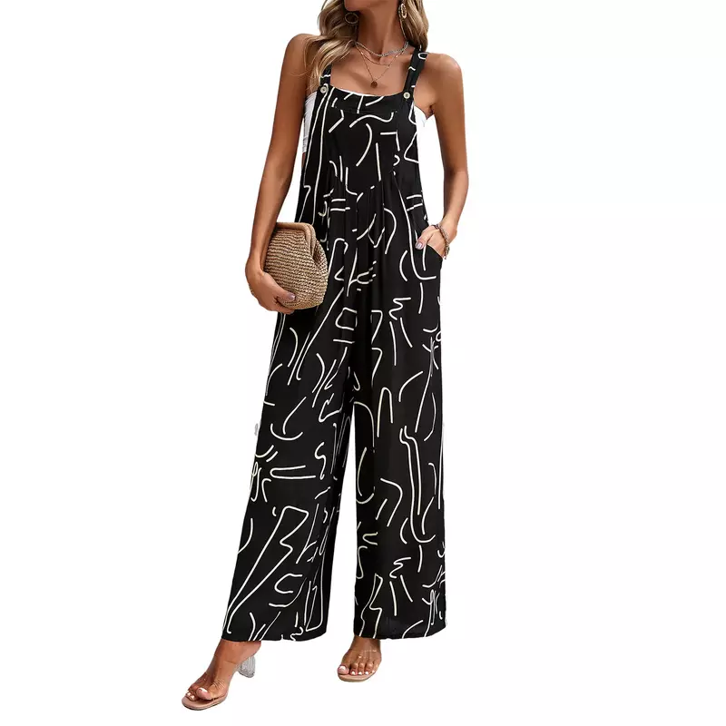 Sleeveless Bare Shoulder Jumpsuits for Women Summer Floral Printed Jumpsuits Women Retro Wide Leg Pockets Overalls for Women