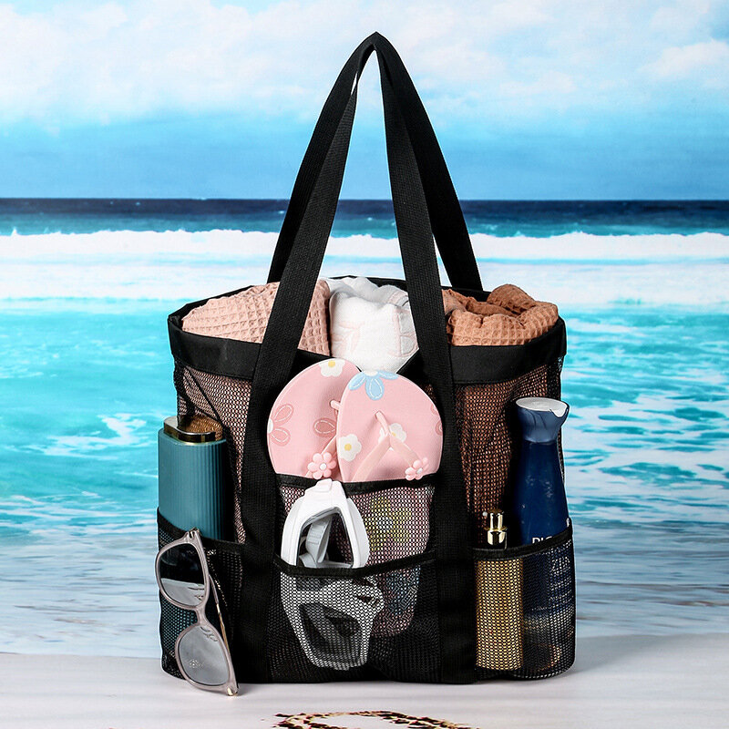 Saco de praia de grande capacidade, bolso múltiplo, tecido de malha, portátil, viagem, lavagem, fitness, natação, armazenamento, claro, verão
