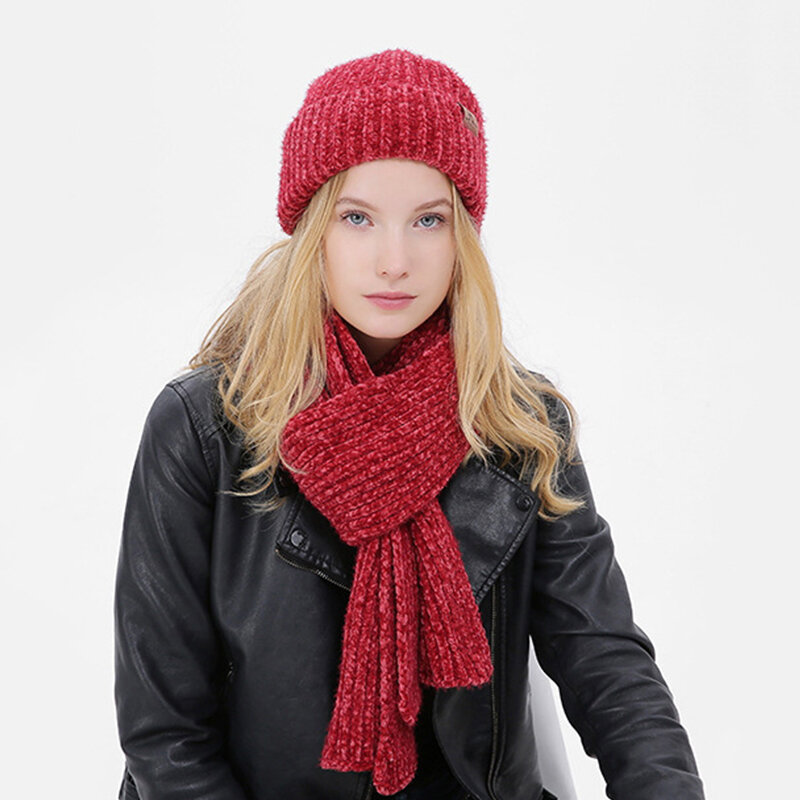 女性の冬の帽子の手袋のセット,厚くて暖かいシェニールの女性のニット帽,冬のスカーフ,3個,2022