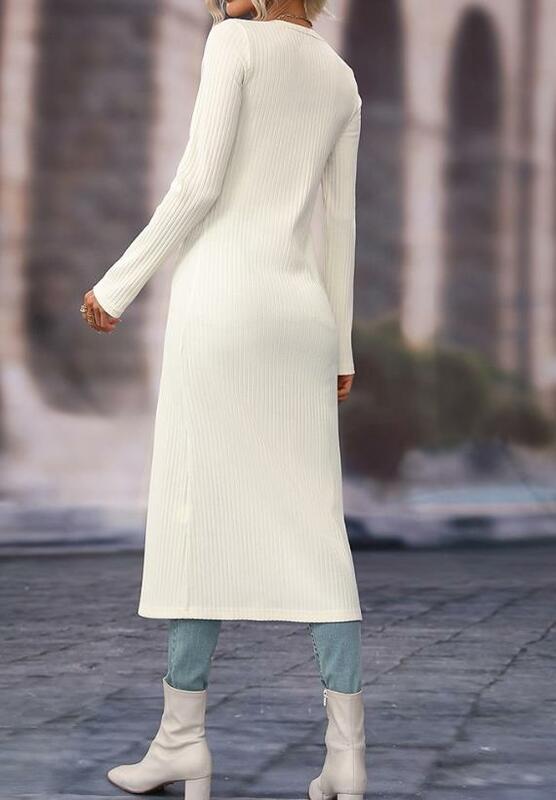 Długi sweter damski 2023 długi rękaw zapinany na guziki prążkowany płaszcz jesienno-zimowy jednokolorowy damski płaszcz