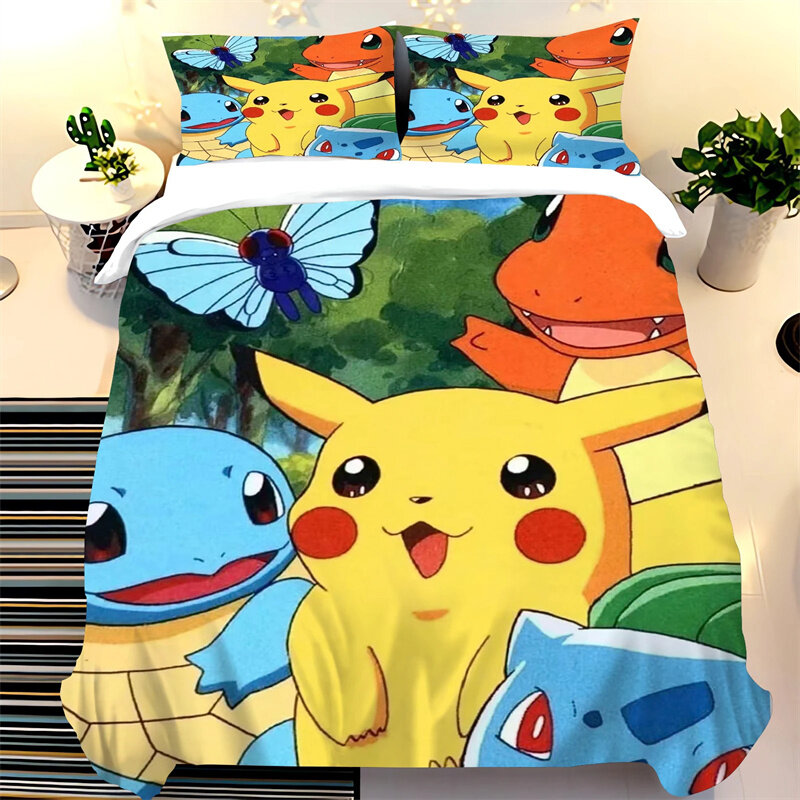 Duvet Cover Set tempat tidur Pikachu, gambar kartun lucu ukuran penuh Digital 3d, Set tempat tidur motif, dekorasi kamar anak-anak